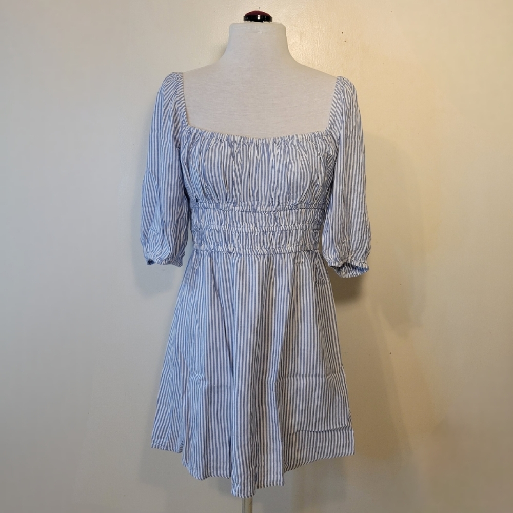 Elan: NWT Women's Small Coastal Stripe Smocked Bodice Baby doll Mini Dress - Picture 1 of 9